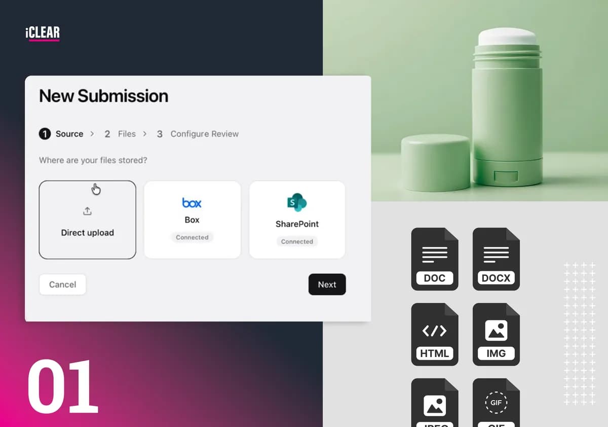 Direct-upload screen for adding an asset or syncing it from a connected digital asset manager.