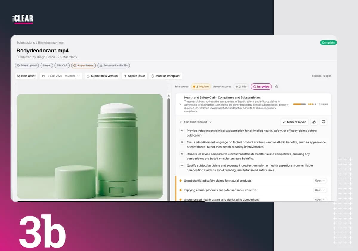Issues screen showing compliance findings grouped by topic with confidence ratings and resolution guidance.